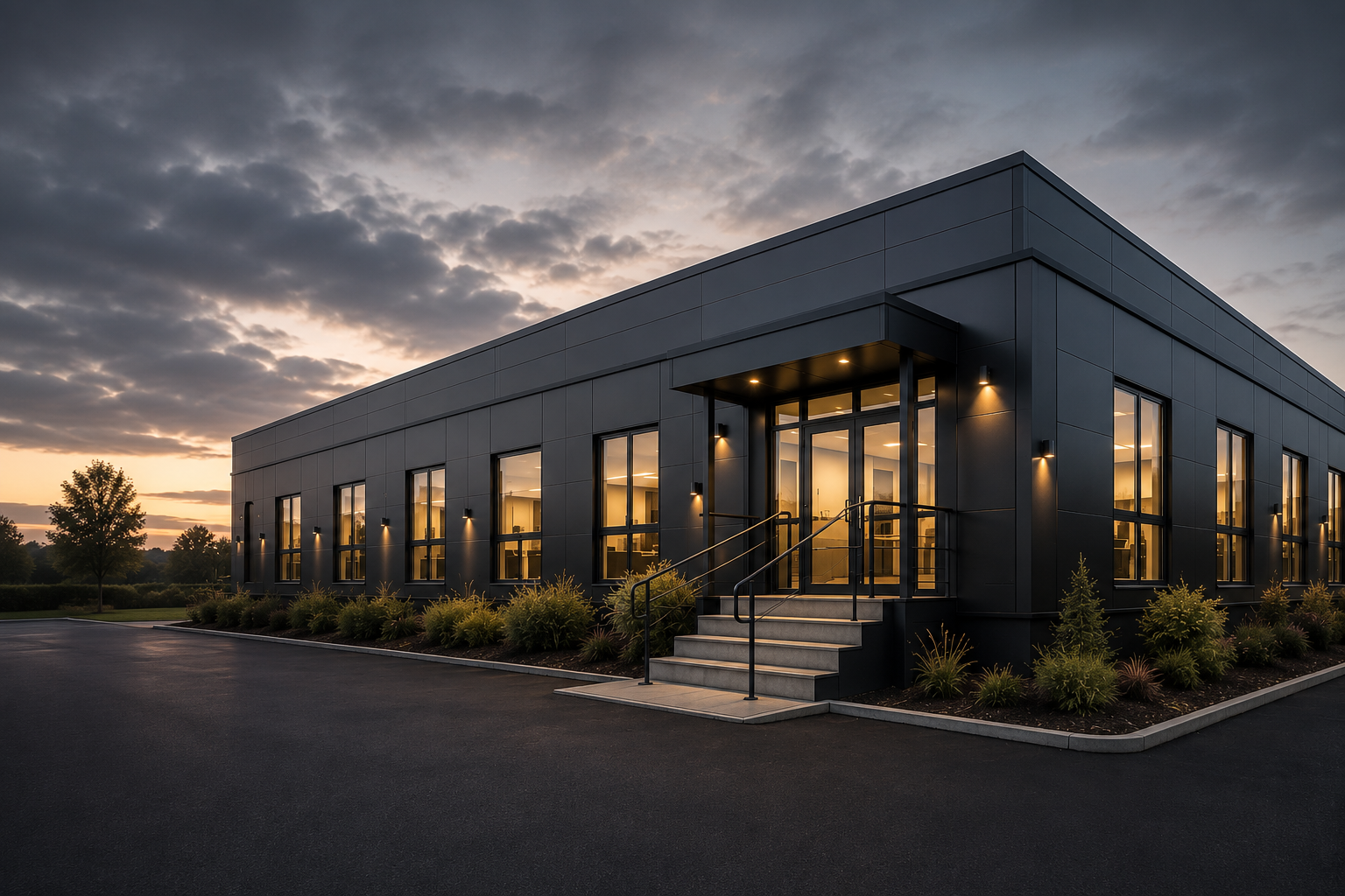 Modern bespoke commercial building with dark exterior cladding and illuminated interior